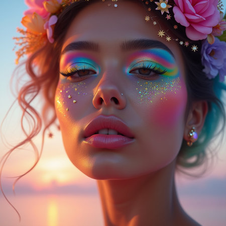 Portrait of a beautiful girl with multicolored makeup and flowers in her hair.の素材