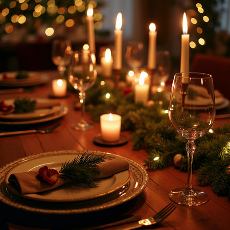 Beautiful Christmas table setting with candles and cutlery. Selective focus.の素材