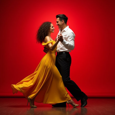 Full length portrait of young latin couple dancing tango over red backgroundの素材