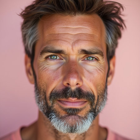 Close-up portrait of a man with a beard on a pink backgroundの素材