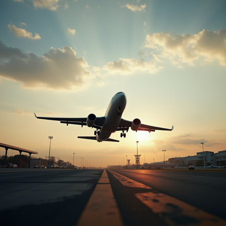 Airplane landing in the airport at sunset. 3d rendering.の素材