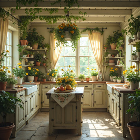 Kitchen interior with flowers and plants in pots. Vintage style.の素材