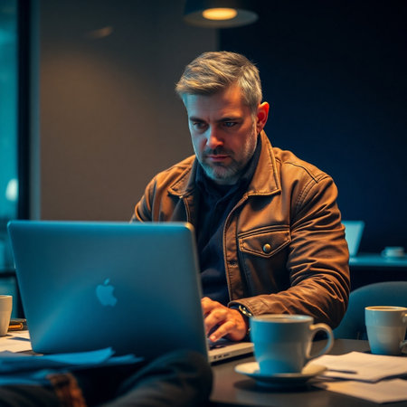 Handsome man working on laptop computer at night in office.の素材