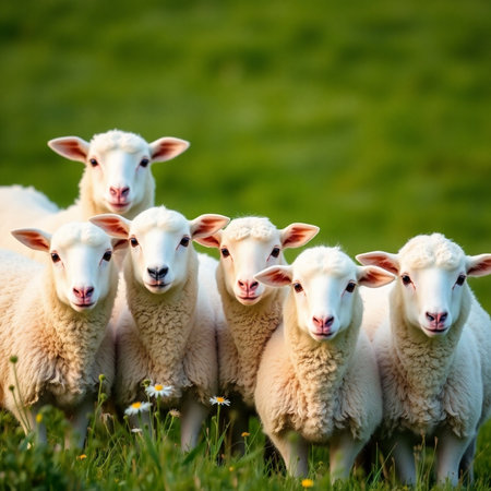 Flock of sheeps on a green meadow in springtimeの素材