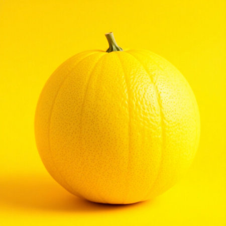 Yellow melon on a yellow background, close-up, verticalの素材