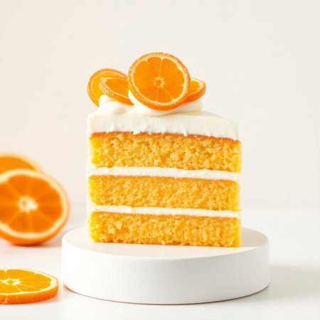 Orange cake with orange slice on white background. Shallow dof.の素材