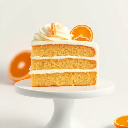 Orange cake with whipped cream and orange slice on white stand on white backgroundの素材