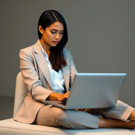 beautiful asian businesswoman using laptop on sofa isolated on grayの素材