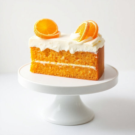 Orange Cake on a white stand on a white background, close-upの素材