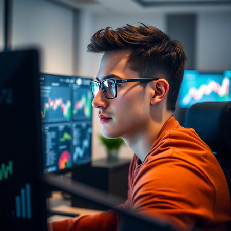 Portrait of a young caucasian man in glasses sitting in front of computer monitors.の素材