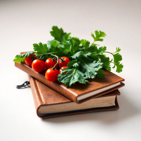 parsley and cherry tomatoes on a book, food closeupの素材