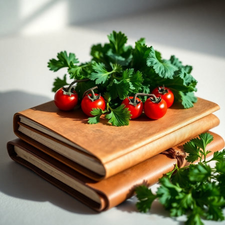 Cherry tomatoes and parsley on a book. Vegetarian food.の素材