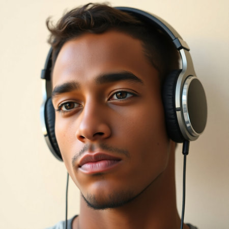 Portrait of a young Indian man listening to music with headphonesの素材