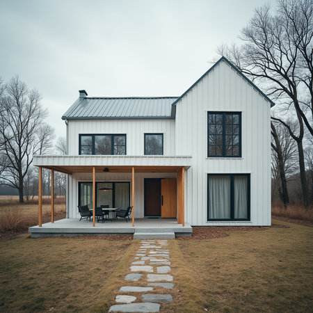 Modern house in the park. Nobody inside. Landscape photography.の素材