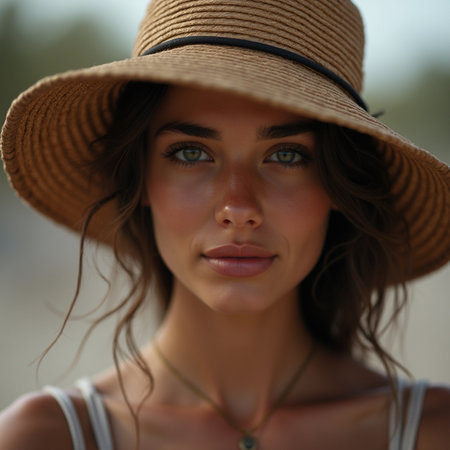 Portrait of a beautiful young woman in a straw hat on the beachの素材