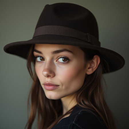 portrait of a beautiful girl in a hat on a gray backgroundの素材