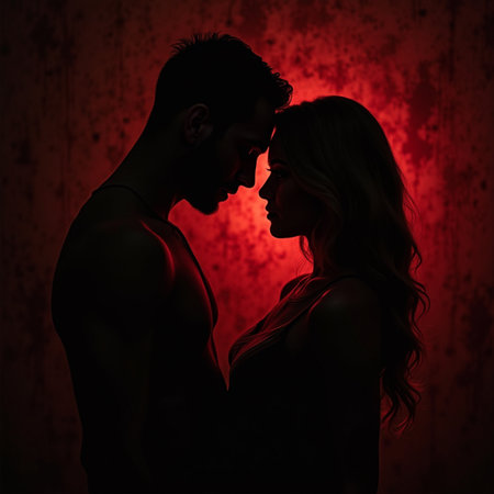 Silhouette of a young couple in love over grunge backgroundの素材