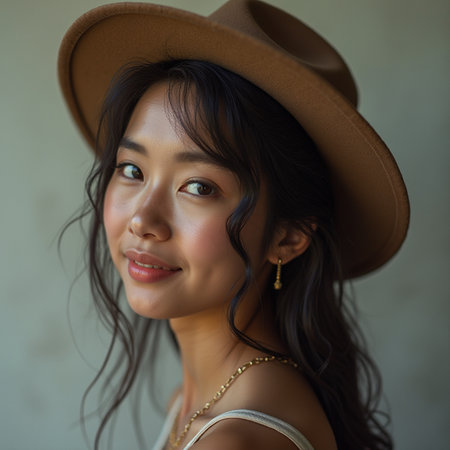 portrait of a beautiful young Asian woman in hat and dressの素材