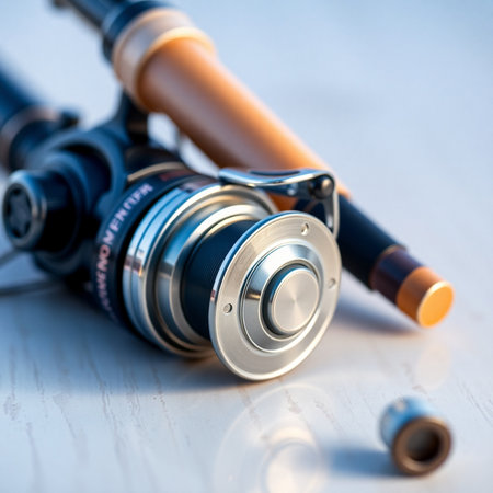Fishing rod and reel on a wooden table. Shallow depth of fieldの素材