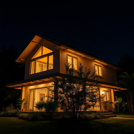 Night view of a modern villa in the tropics with a gardenの素材