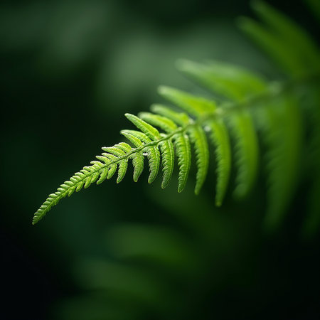 Green fern leaf on a dark background. Shallow depth of field.の素材