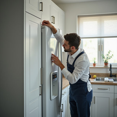 Portrait of a handsome young man fixing a door in his kitchenの素材