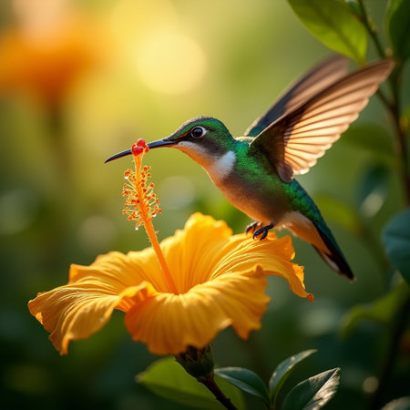 Hummingbird with yellow hibiscus flower in the gardenの素材