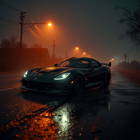 Foggy car on the road at night. Sports car with headlights.の素材