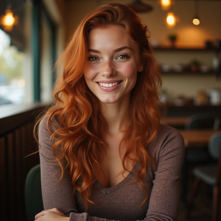 Portrait of a smiling young redhead woman sitting in a cafeの素材