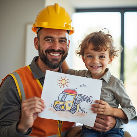 Father and son in hardhats looking at camera and smiling while drawing a pictureの素材