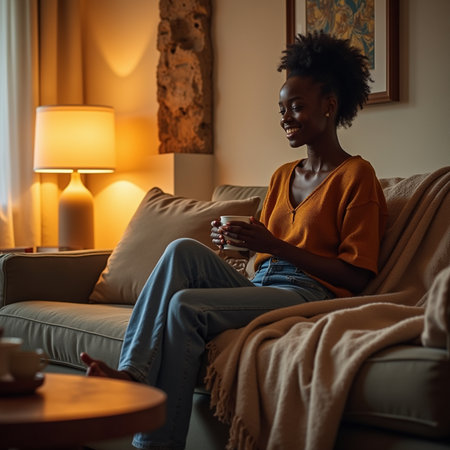 Beautiful african american woman drinking coffee while sitting on sofa at homeの素材