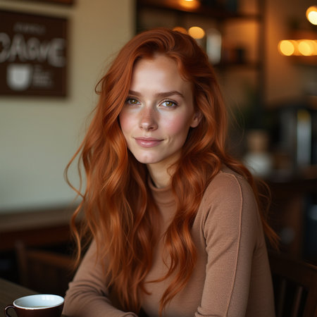 Portrait of a beautiful young woman with red hair in a cafeの素材