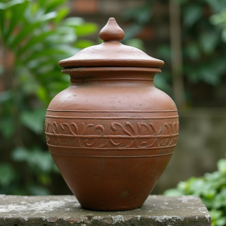 clay pot on the terrace in the garden, stock photoの素材