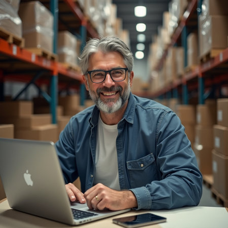 Portrait of mature man using laptop in warehouse. This is a freight transportation and distribution warehouse. Industrial and industrial workers conceptの素材