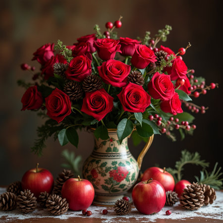 Bouquet of red roses in a vase on the tableの素材