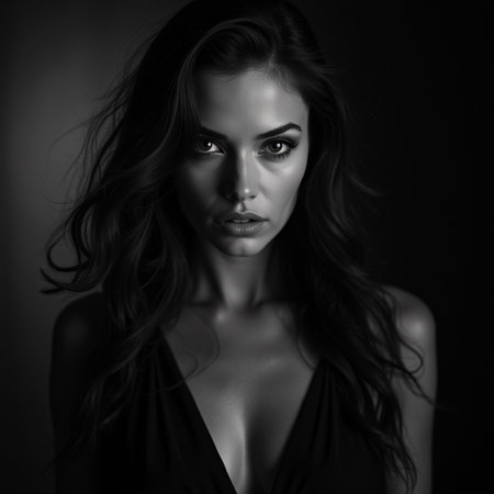 Black and white portrait of a beautiful girl in a black dress.の素材