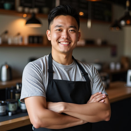Portrait of a smiling young Asian barista standing with arms crossedの素材