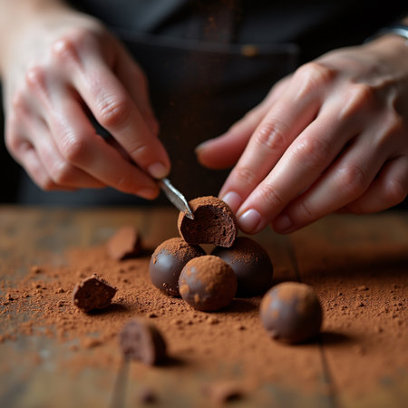Chocolate truffles with cocoa powder in the hands of a pastry chefの素材