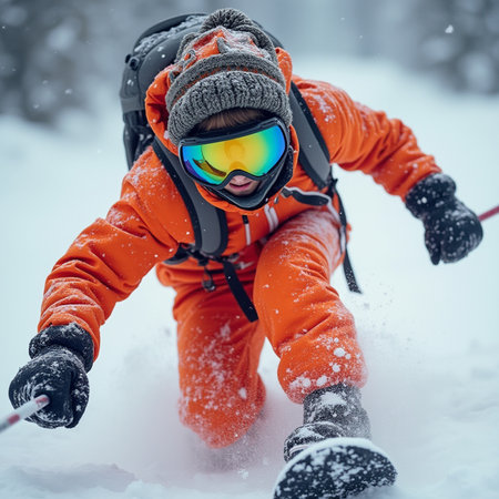 Portrait of a skier in an orange jacket, helmet and goggles.の素材