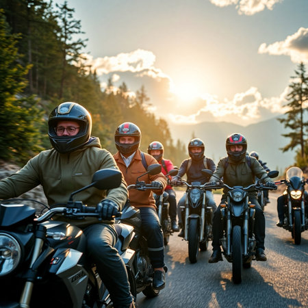 Group of motorcyclists on the road in the mountains at sunsetの素材