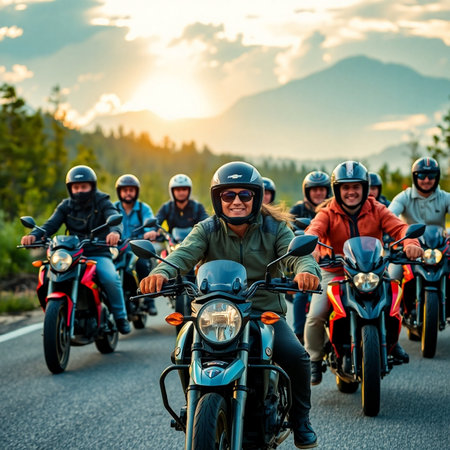 Group of motorcyclists on the road in the mountains at sunsetの素材