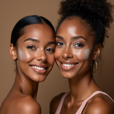 Beauty portrait of two African American women smiling and looking at cameraの素材
