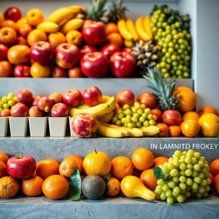 Variety of fresh fruits and vegetables on the counter in the supermarketの素材