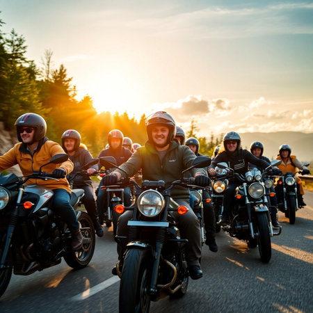 Group of motorcyclists on the road at sunset. Bikers on a motorcycle tour.の素材