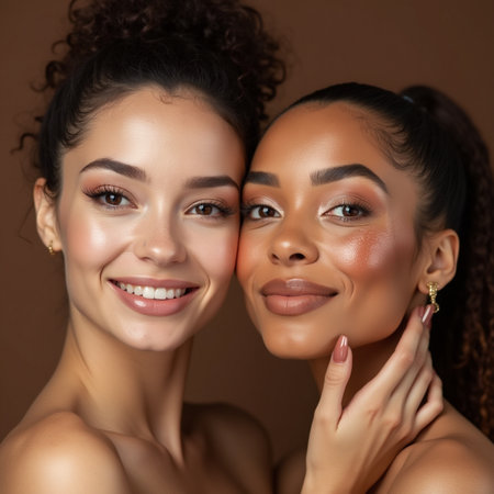 Two beautiful multiethnic women with healthy skin and natural make-upの素材