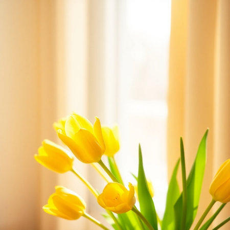 Yellow tulips in a vase on the windowsill in the morningの素材