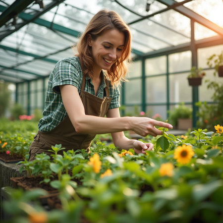 Happy female gardener taking care of flowers in greenhouse. Focus on handsの素材