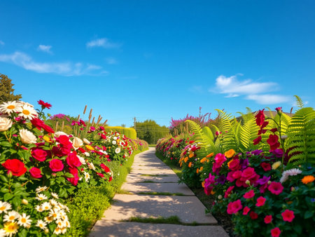 Pathway in garden with blooming flowers on blue sky background.の素材