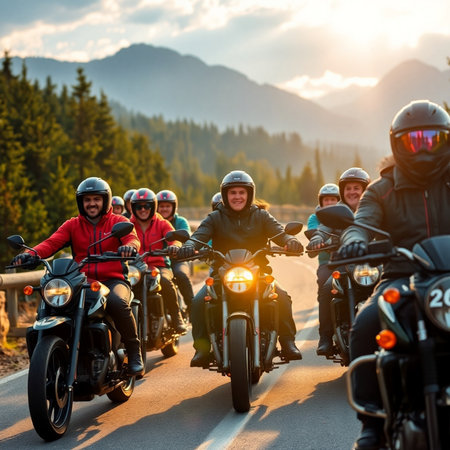 Group of bikers on the road in the mountains at sunset.の素材