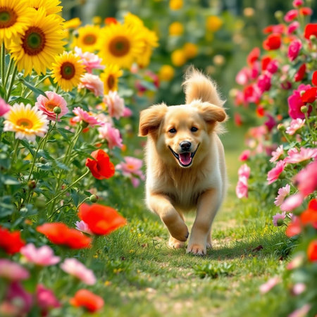 Cute golden retriever dog running in blooming garden with flowersの素材